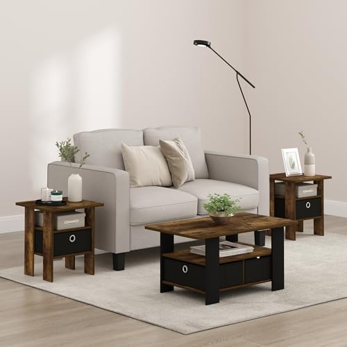 Furinno Andrey Set of 2 Square Side Table, End Table, Amber Pine | Open Shelves and Storage Bin, Square Modern Night Stand, Bedside Table, for Study, Dorm, Living Room, Bedroom - color: Amber Pine/Black, size: 2-Pack, Center Bin