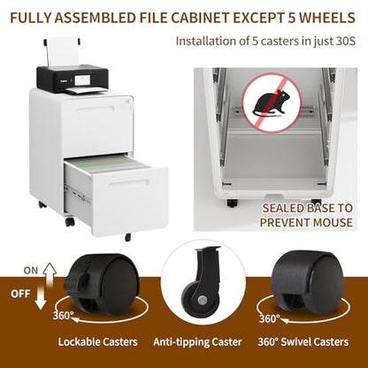 2 Drawer Mobile File Cabinet with Lock, 4 Keys and 25 Letter File Folders | Heavy-Duty Steel Rolling Filing Cabinet Pre-Assembled Under Desk for Home Office Letters/Legal/A4 Hanging File Folders - color: White, size: 25.8"H*15.7"W-2 drawers(25 letter fold