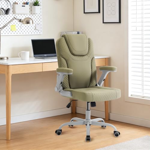 SEATZONE Green Office Chair Ergonomic Desk Chair with Lumbar Support, Flip-Up Arms, Adjustable Swivel Computer Chair with Wheels, PU Leather Executive Task Chair for Home Office Small Space - color: Green