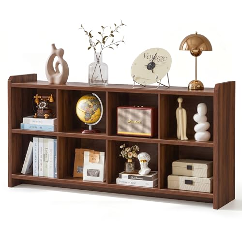 8 Cube Low Storage Organizer, 63" Long Horizontal Bookshelf, Walnut | Modern Wood Open Book Shelf, Short Cubby Storage Bookcase Cabinet,Book Shelves TV Stand, Living Room Home Office Entryway - color: Walnut, size: 8 Cube