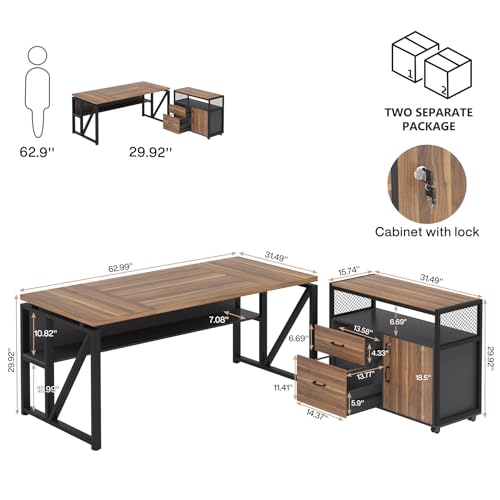 Tribesigns 63" Executive Desk with Reversible File Cabinet, Large L-Shaped Office Desk with Drawers, Business Furniture Workstation for Home Office - color: Walnut