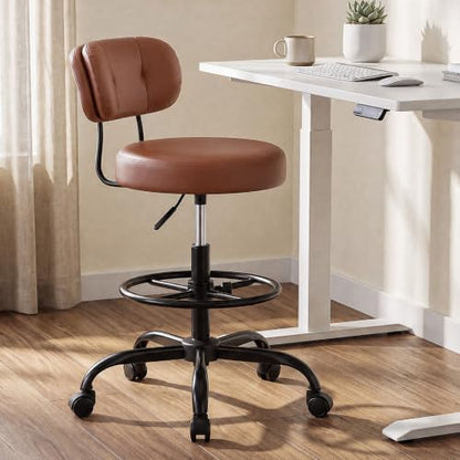 Homkdom Drafting Chair 17.32" Wide Seat & 3.94" Thick Cushion | Height-Adjustable Office Chair with Footrest Ring for Standing Desk, Auto-Lock Gravity Casters - PU Leather Brown - color: Brown