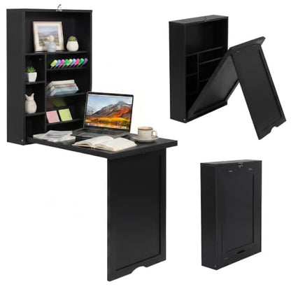 Tangkula Folding Wall Mounted Desk, Convertible Fold Out Floating Table with Storage Shelves, Space-Saving Drop Leaf Table, Murphy Desk for Craft, Study, Small Spaces, Home Office, Dorm, Black - color: Black
