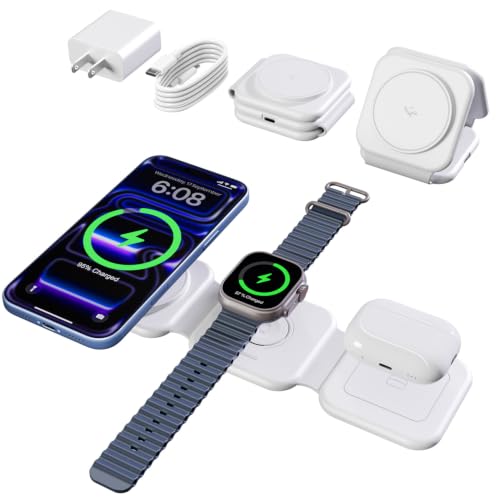15W Magnetic Travel Charging Station, 3-in-1 Foldable MagSafe Charger - color: White