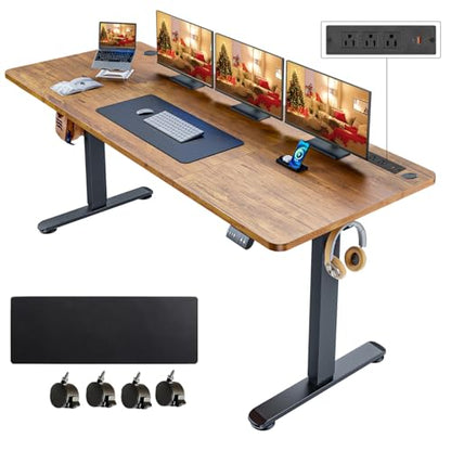 71''×28'' Electric Standing Desk with Power Outlets & Wheels, Brown - color: Brown, size: 71×28''