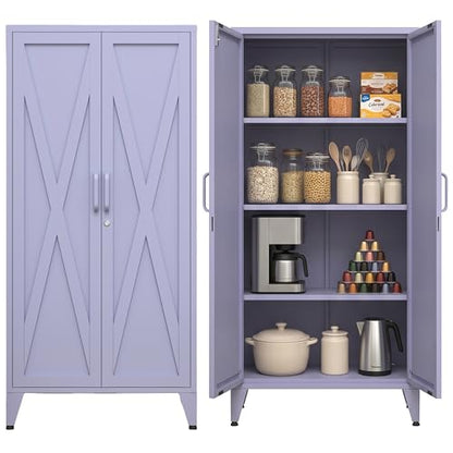 Purple Metal Pantry Cabinet with Lock,Freestanding Steel Storage Locker with 3 Adjustable Shelves,Heavy Duty Metal Storage Cabinet for Kitchen, Living Room,Laundry,Garage 61" H X 27.6" W X 13.8" D - color: Purple, style: 61"H-Cabinet-DX