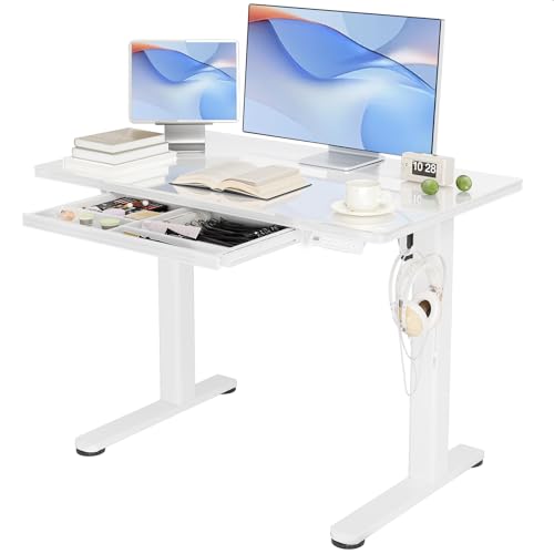 INNOVAR Glass Standing Desk with Drawers, 40 x 24 Inches Electric Height Adjustable Desk, Tempered Glass Top Stand Up Desks for Home and Office, White - color: Super White, size: 40 inch