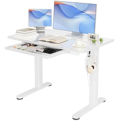 INNOVAR Glass Standing Desk with Drawers, 40 x 24 Inches Electric Height Adjustable Desk, Tempered Glass Top Stand Up Desks for Home and Office, White - color: Super White, size: 40 inch