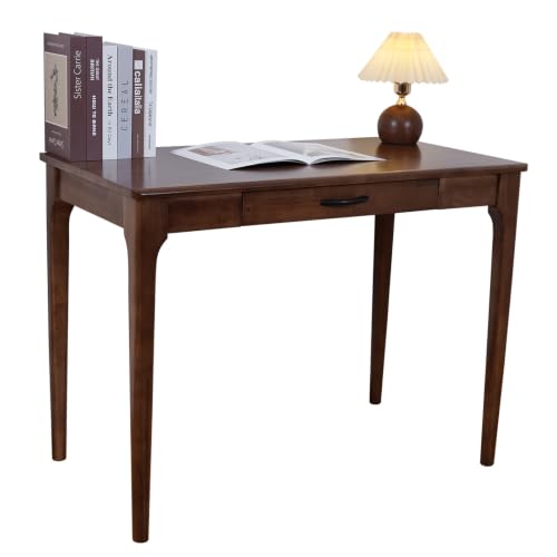 Solid Wood Desk with Drawers, Wooden Computer Desk for Home Office, Gaming Study Desk for Small Spaces, Writing Work Desk for Bedroom,Easy Assembly (Walnut Color 40 inch 1 Drawers) - color: Handle Walnut Color 39.4 Inch