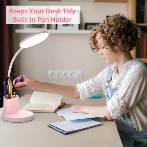 LED Desk Lamp for College Dorm with Pen Phone Holder, Pink - color: Pink