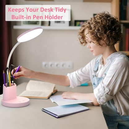 LED Desk Lamp for College Dorm with Pen Phone Holder, Pink - color: Pink