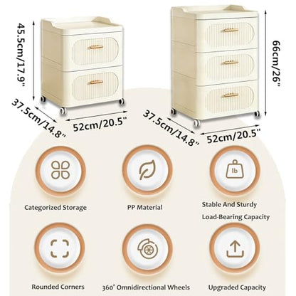 Rolling Nightstand with 3 Drawers, Slim Bedside Table - size: 52x37.5x45.5cm