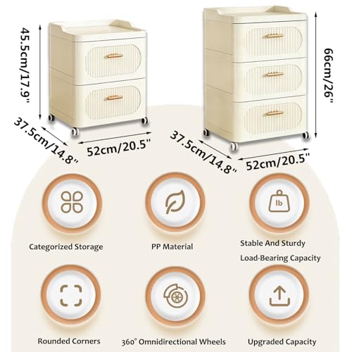 Rolling Nightstand with 3 Drawers, Slim Bedside Table - size: 52x37.5x66cm