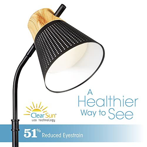 OttLite LED Table Lamp with Wireless Charging and USB, Black with Wood | ClearSun LEDs Reduce Eyestrain | 3 Color Temperature Modes | Movable Pivoting Shade | Extends 21"-25" Tall - color: Brown