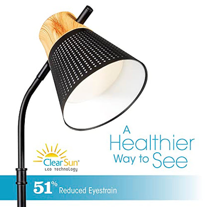 OttLite LED Table Lamp with Wireless Charging and USB, Black with Wood | ClearSun LEDs Reduce Eyestrain | 3 Color Temperature Modes | Movable Pivoting Shade | Extends 21"-25" Tall - color: Brown