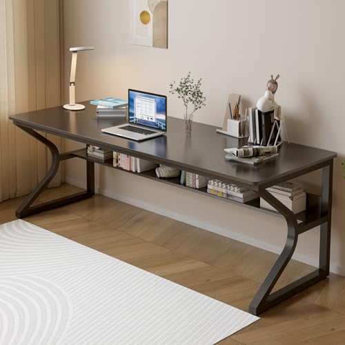 71-Inch Extra Long Desk with Storage Shelf, Black | Double Long Writing Table, Space-saving, 2-Person Workstation, Modern Study Work Computer Desk, For Home Office - color: Black, size: 71x23.6 inch