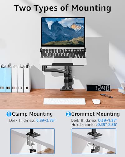 MOUNTUP Laptop Desk Mount, Adjustable Laptop Stand for max 17" Notebook or 32" Monitor, Laptops Arm Mount for Desk Holds 4.4-22lbs, Tall Laptops Stand with Clamp/Grommet - size: Single-With Pole