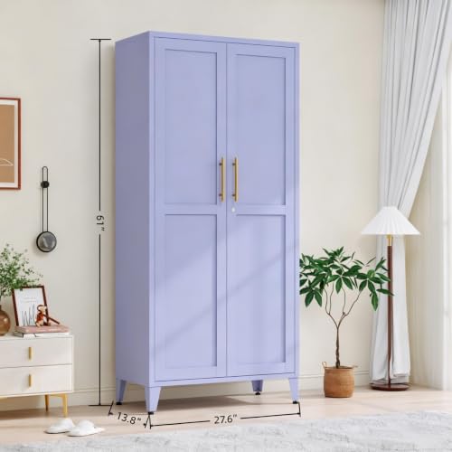 61" Purple Metal Storage Cabinet, Lockable 2-Door Tall Locker with 3 Adjustable Shelves, Freestanding Steel Utility Cabinet for Bedroom, Office, Living Room, 61" H x 27.6" W x 13.8" D - color: Purple, style: 61"H-Cabinet-YX