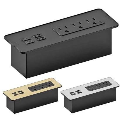 Electriduct Flush Mount Power Strip Surge Protector 65W Fast Charge 2X USB-C + 2X USB-A, 3X AC Outlet Recessed Desk Power Center Laptop Charger - Black/Silver/Wood Finish - size: 1 Unit