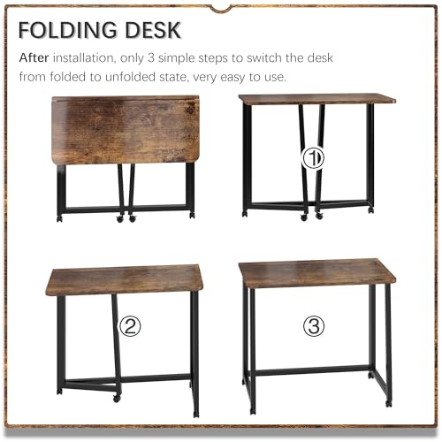 4NM 31.5" Mobile Small Folding Desk, Foldable Rolling Computer Home Office Desk, Study Writing Table for Small Space Saving Bedroom, with Wheels - Rustic Brown and Black - color: Rustic Brown and Black, size: 31.5"W x 15.7"D