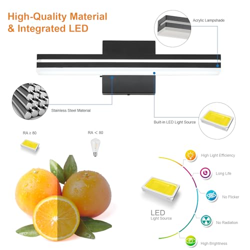 SineRise LED Modern Bathroom Vanity Light Fixtures (16-Inch, 3000K/4000K/6000K, Dimmable), Matte Black Modern Acrylic Bathroom Wall Lighting Fixtures Over Mirror - color: Matte Black, size: 16-Inch