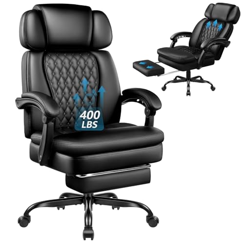 Office Chair with Foot Rest 400lbs, High Back Leather Office Chair Big and Tall, Heavy Duty Ergonomic Executive Desk Chair for Home Office, Black - color: Black