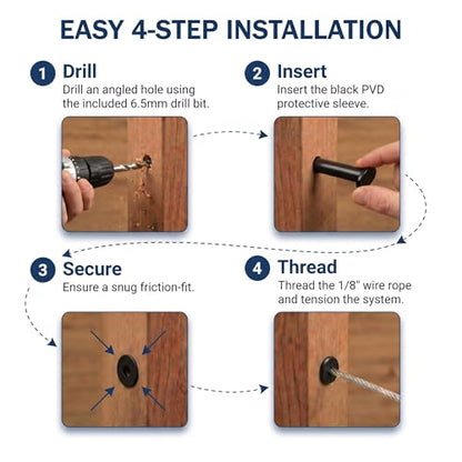 50 Pack 45 Degree Angle Protective Sleeves, Black Cable Railing Stair Protector Sleeve Beveled for 1/8" Wire Rope, T316 Marine Grade Cable Railing Kit with Two Drill Bit for Wood Posts HF039B - size: 45 Degree