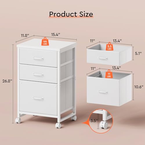 Maihail 3 Drawer File Cabinet with Wheels with Open Storage Shelf, White | Rolling Printer Stand Fabric Lateral Filing Cabinet for Home Office - color: White