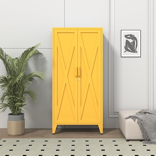 61" Yellow Steel Locking Cabinet, Tall Metal Storage Locker with 3 Adjustable Shelves, Secure Organizer Cabinet for Home Office, Garage, Classroom - color: Yellow, style: 61"H-Cabinet-CX