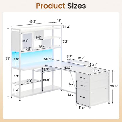 SEDETA 58'' L Shaped Computer Office Desk with 3 Drawers and Bookshelf - color: White