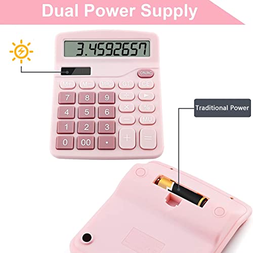 Office Calculators Desktop, 12-Digit Dual Power Cute Calculator with Large LCD Display Big Button for Office Home and School (Pink)