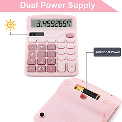 Office Calculators Desktop, 12-Digit Dual Power Cute Calculator with Large LCD Display Big Button for Office Home and School (Pink)