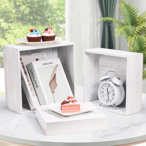 6 Pack Wooden Risers Display Stands Square Food Risers for Buffet Party Rustic Wood Cake & Cupcake Stands Nesting Box Wooden Crates for Display - color: White