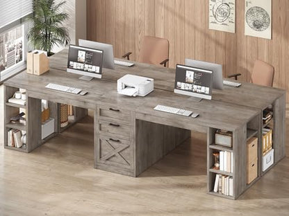 SEDETA Farmhouse 96.5" 2 Person Computer Desk with Drawers, Grey - color: Grey