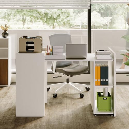 GAOMON Folding Computer Desk with Storage Shelves, Extension Computer Table, Space Saving Table ith Extendable Drop-Leaf for Small Spaces, Home Office, Gaming, Bedroom, White