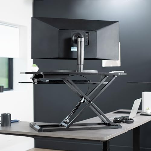 VIVO Extra Wide 38 inch Corner Desk Converter, K Series, Height Adjustable Sit to Stand Riser, Dual Monitor and Laptop Workstation with Wide Keyboard Tray, Black, DESK-V000KL - size: 38"