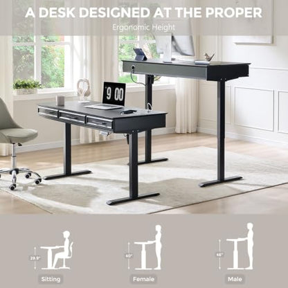 Electric Standing Desk with 3 Storage Drawers, 55x22 Inch Wood Adjustable Height Computer Desk w/One-Piece Desktop, Sit to Stand Up,Power Outlets, Gaming Table for Home Office and Study, Black - color: Black