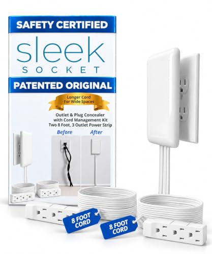 Sleek Socket Original & Patented Ultra-Thin Outlet Concealer with Cord Concealer Kit, Flat Extension Cord with Multi Outlets Power Strip, Ideal for Home Improvement, Hide Bulky and Messy Cords - size: 8 ft - Dual Cords, style: Standard Outlet