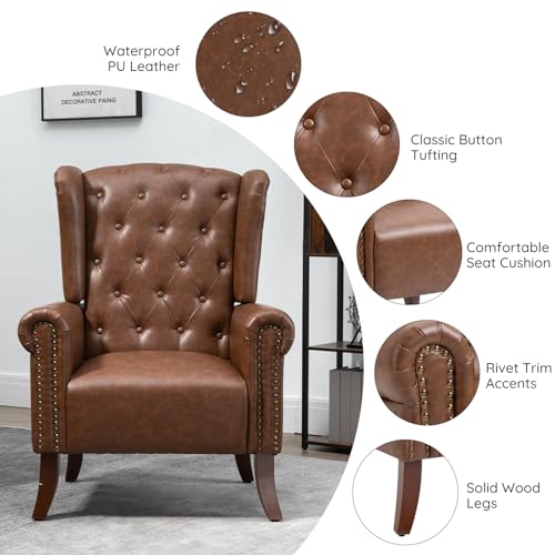 MOJAY Mid-Century PU Leather Accent Chair, Living Room Lounge Sofa Chair with Buttons, Single Club Armchair with Rivet Trim for Bedroom Home Reception (Brown) - color: Brown, size: Set of 1