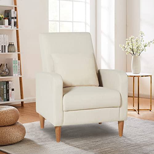 COLAMY Mid-Century Modern Upholstered Accent Chair with Back Pillow & Solid Wood Legs, Fabric Cozy Armchair for Living Room, Bedroom, Reading Nook, Apartment & Small Spaces, Beige - color: Beige, size: Set of 1