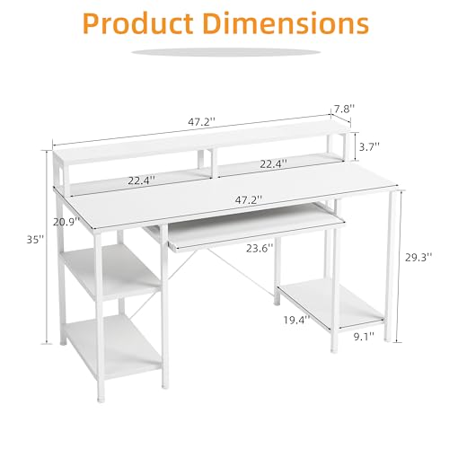VERMESS 48 Inch Computer Desk, Home Office White With Keyboard Tray, Gaming With Full Monitor Stand, Storage Shelves & CPU Stand, Modern Study Writing Table Studio Work With Shelf - color: Pure White