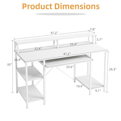 VERMESS 48 Inch Computer Desk, Home Office White With Keyboard Tray, Gaming With Full Monitor Stand, Storage Shelves & CPU Stand, Modern Study Writing Table Studio Work With Shelf - color: Pure White