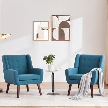 HUIMO Living Room Chairs Set of 2,Upholstered Button Linen Accent Chair | Mid Century Fabric Modern Armchair,Comfy Arm Club Sofa Chairs for Living Room Reading Bedroom,Waiting Room Lake Blue2PCS - color: Lake Blue