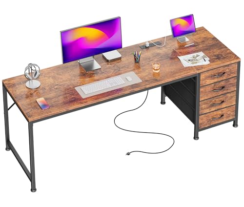 63 Inch Computer Office Desk with Power Outelts and USB-C Port, Reversible Gaming Desk with 4 Fabric Drawers, Work Study Desk Work from Home, Rustic Brown - color: Rustic Brown, size: 63 inch