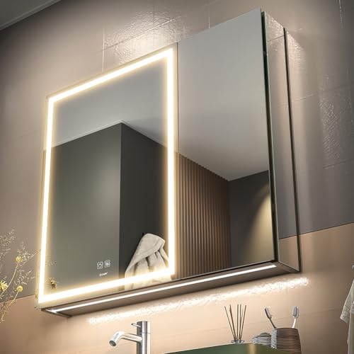 30*28 inch Two-door Aluminum LED Lighted Bathroom Medicine Mirror Cabinet | Light Adjustable, Sockets & USBs inside, Anti-Fog, Easy to Install - color: 30*28 Two-door