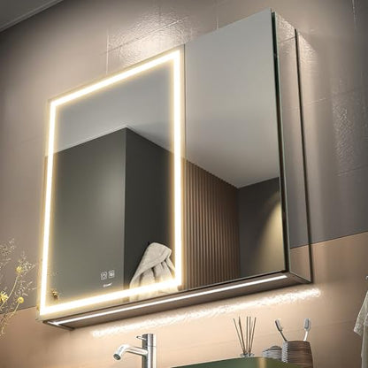 30*28 inch Two-door Aluminum LED Lighted Bathroom Medicine Mirror Cabinet | Light Adjustable, Sockets & USBs inside, Anti-Fog, Easy to Install - color: 30*28 Two-door