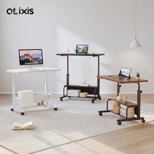 OLIXIS Rolling Desk, Storage Shelves, Laptop Table, Home Office | Height Adjustable Design, Computer Desks on Wheels, Portable for Small Spaces Use, White