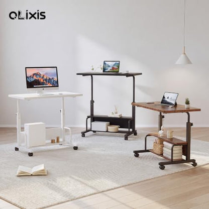 OLIXIS Rolling Desk, Storage Shelves, Laptop Table, Home Office | Height Adjustable Design, Computer Desks on Wheels, Portable for Small Spaces Use, White