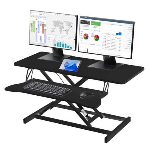 38 Inch Standing Desk Converter, Height Adjustable Sit Stand Workstation with Wide Keyboard Tray, Dual Monitor Laptop Riser, Ergonomic Desktop Stand for Home Office, Black - color: Black