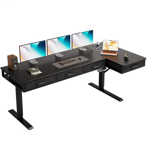 63 Inch L Shaped Electric Standing Desk with 4 Drawers, Black | Reversible Corner Table, Office Desk With 4 Drawers and Outlets For Home Office, Computer Workstation And Sit Stand Use - color: Black, size: 63 Inch